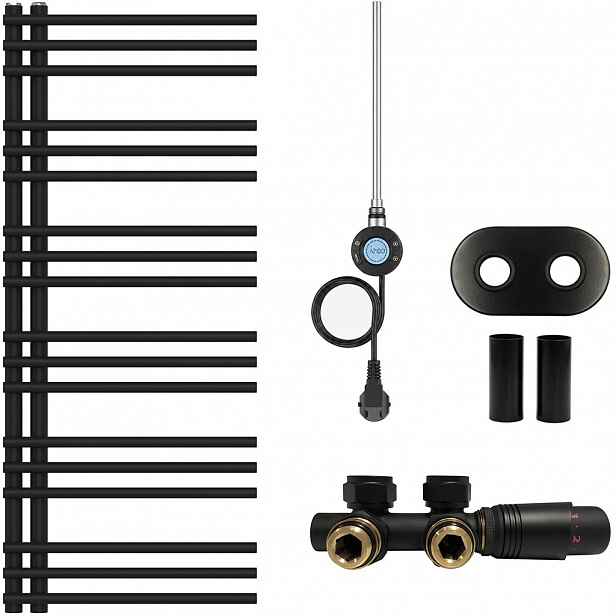 Koupelnový radiátorový set Burke - kombinované vytápění, wifi tyč - asymetrické připojení 50 mm - 300W - černá matná - 1200x500 mm