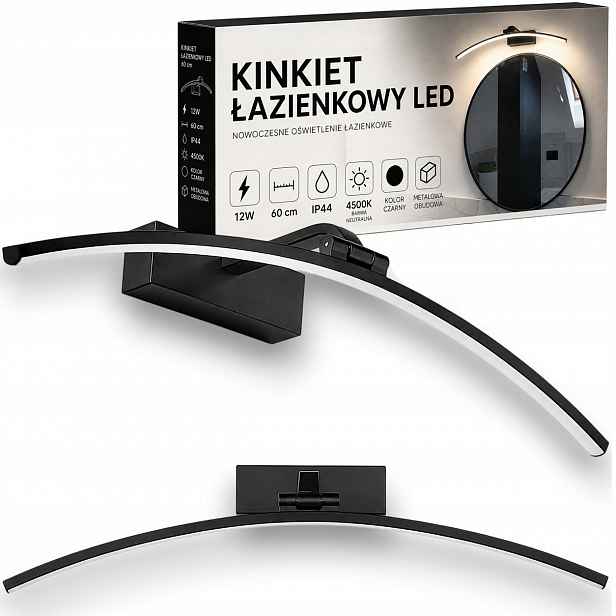 Koupelnové nástěnné svítidlo černé Led 12W nad zrcadlo kulatý, ohnuté, 60 cm, neutrální