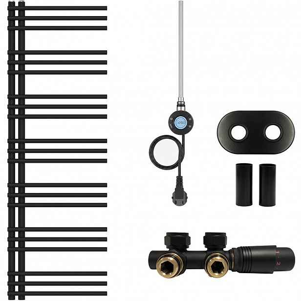 Koupelnový radiátorový set Burke - kombinované vytápění, wifi tyč - asymetrické připojení 50 mm - 300W - černá matná - 1500x500 mm