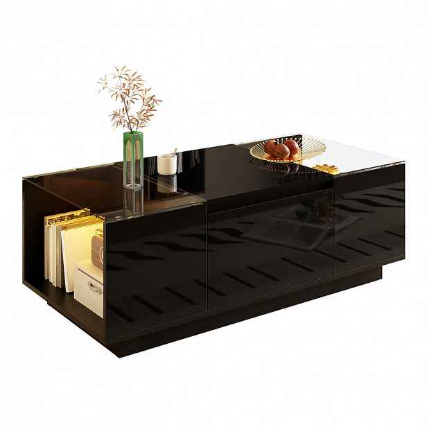 Redom KONFERENČNÍ stolek 105/50/35 cm s LED osvětlením, úložným prostorem a skleněnou deskou, Černá