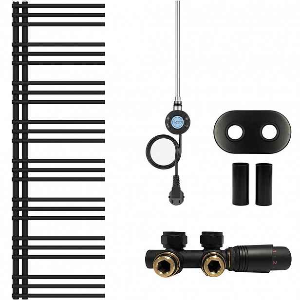 Koupelnový radiátorový set Burke - kombinované vytápění, wifi tyč - asymetrické připojení 50 mm - 600W - černá matná - 1600x500 mm