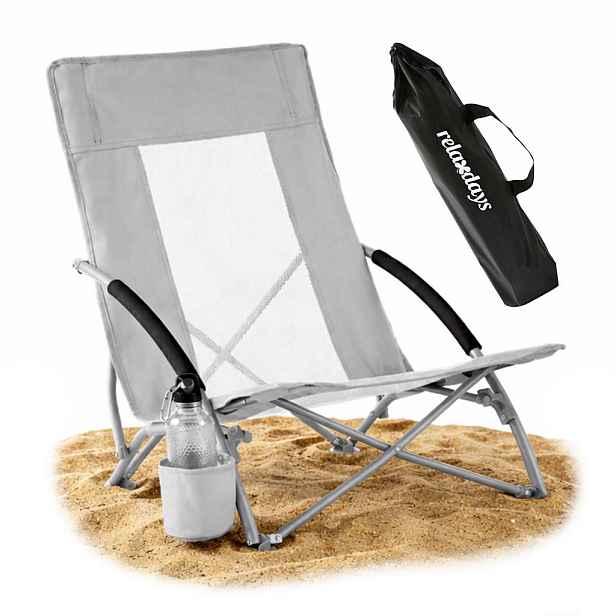 Relaxdays ŽIDLE Šedá plážová skládací s držákem na nápoje Mesh
