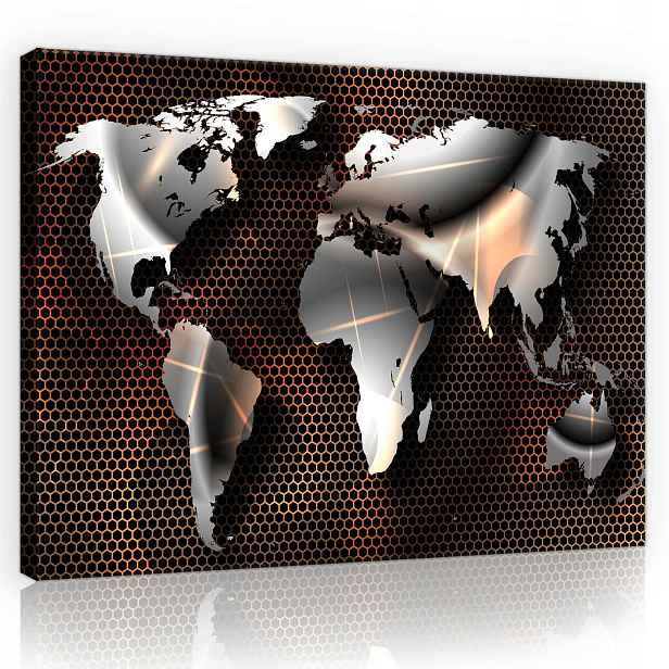 Obraz 100x75 Mapa světa metalíza stříbrná šedá oranžová hexagonální