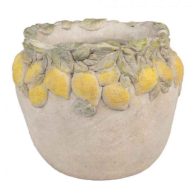 Béžový antik cementový květináč lemovaný citróny Lemoni - Ø 22*19 cm Clayre & Eef