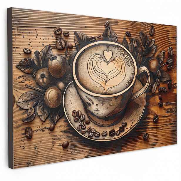 MuchoWow OBRAZ NA PLÁTNĚ Káva - Vintage - hnědá - šálek - dřevo 60x40 cm