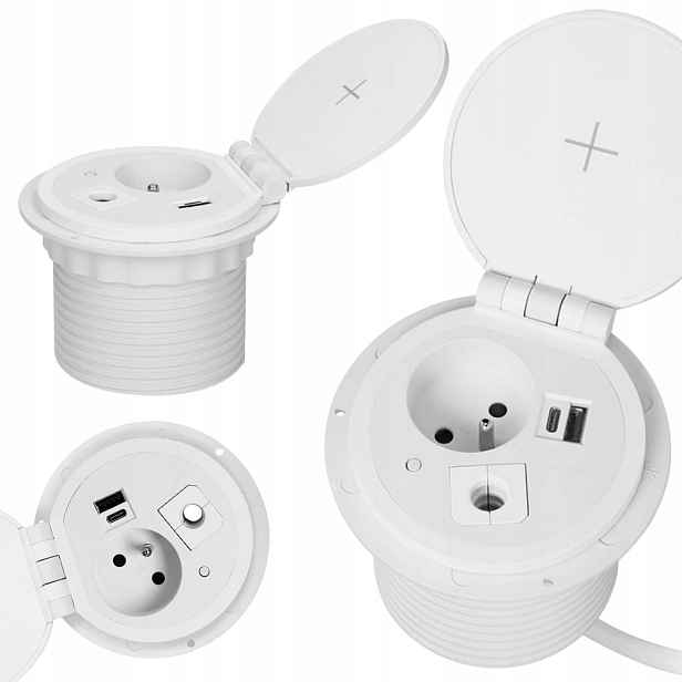 Nábytková zásuvka 1x2P+Z,indukce,2xUSB,průchod bílá