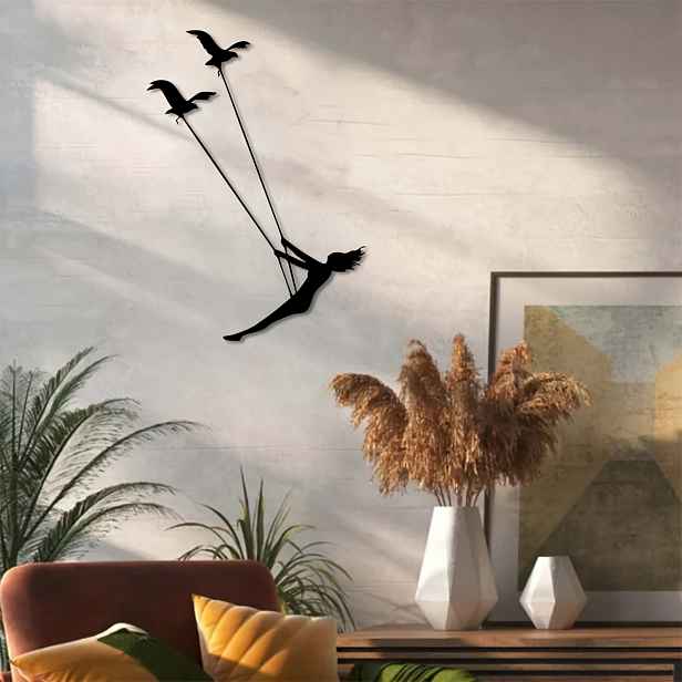 TEMU 1 ks Velká 16x11 Palcová Romantická Silueta Ptáků Kovová Nástěnná Dekorace - Elegantní Dáma v Houpací Síti s Ptáky, Moderní Minimalistický