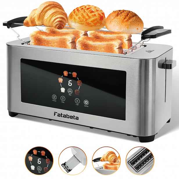 TEMU Hojdáček na chléb 1400W, Nerezový hojdač, LCD dotykový displej, 2 široké na toast, Hojdač na 4 plátky, 7 úrovní ztmavnutí, s ohřívačem na