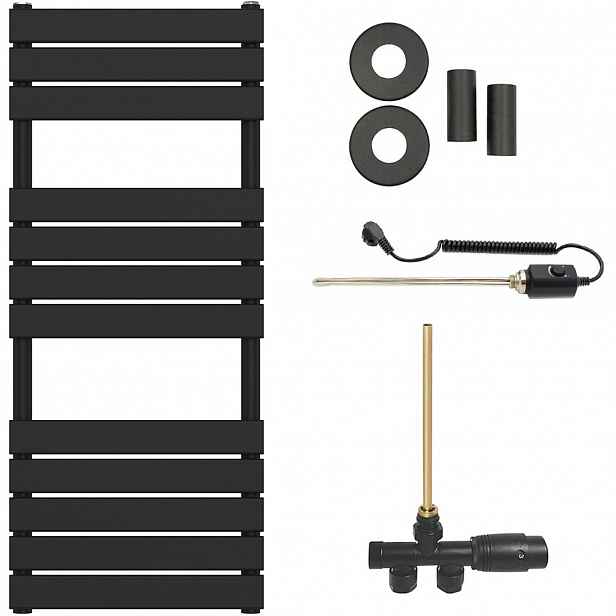 Koupelnový radiátorový set Claude - kombinované vytápění, termo tyč - boční jednobodové připojení - 600W - černá matná - 1200x500 mm