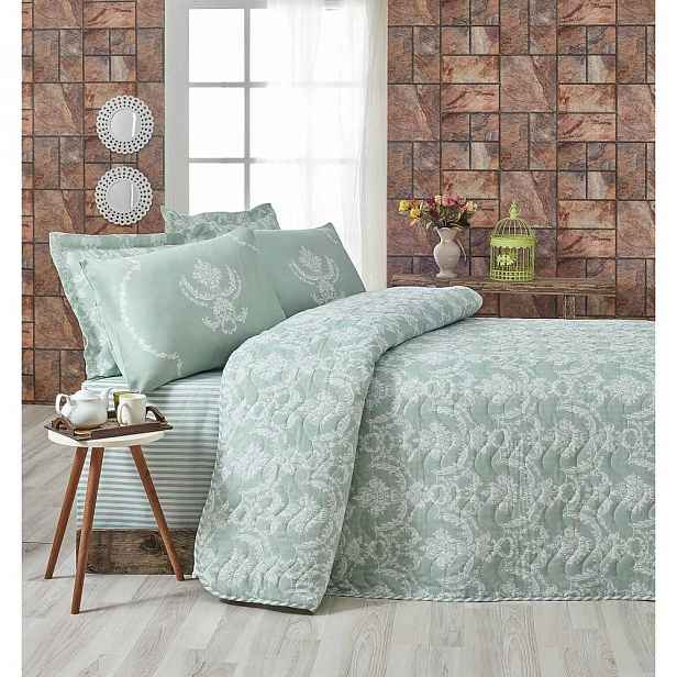 Set prošívaného přehozu a 2 povlaků na polštáře Eponj Home Pure Water Green, 200 x 220 cm