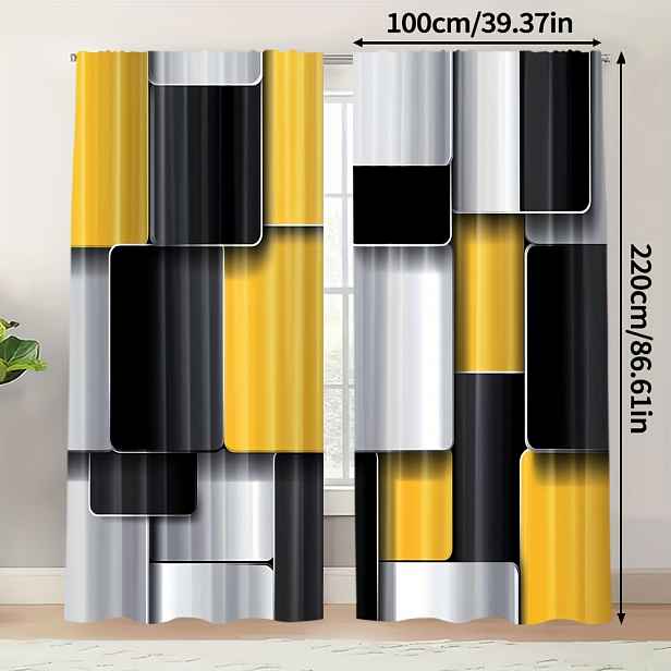 TEMU 2ks Současné Závěsy - Žlutá Černá Bílá Abstraktní Geometrický Moderní Design, Polyesterové Záclony s Kapsou na Tyč pro Ložnici Obývací Pokoj