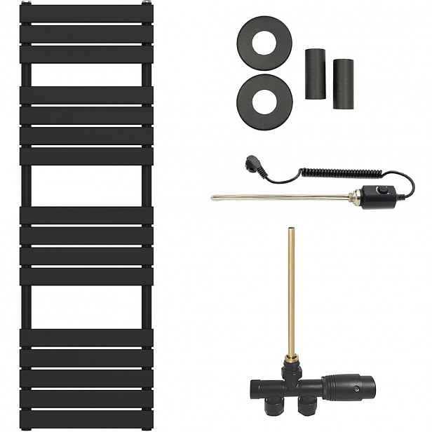 Koupelnový radiátorový set Claude - kombinované vytápění, termo tyč - boční jednobodové připojení - 600W - černá matná - 1600x500 mm