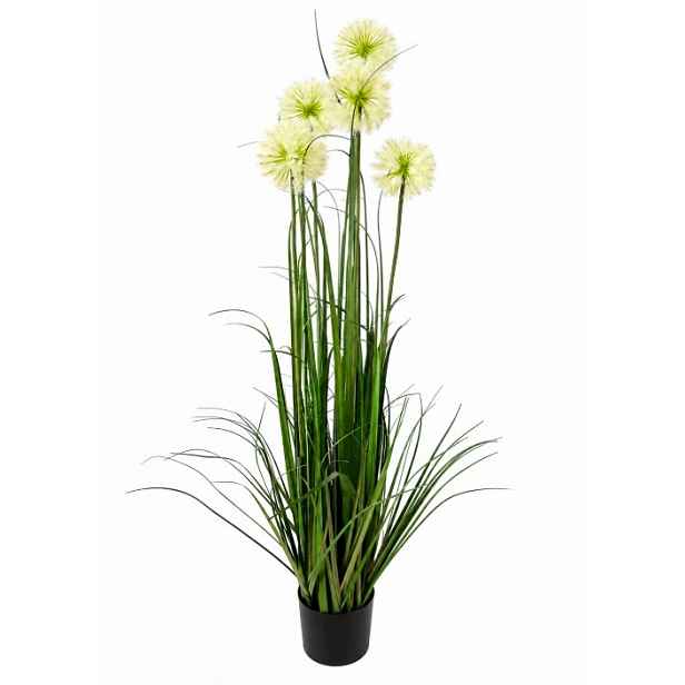 Umělá tráva dekorativní pampasová 115 cm, 5 bílých hlaviček
