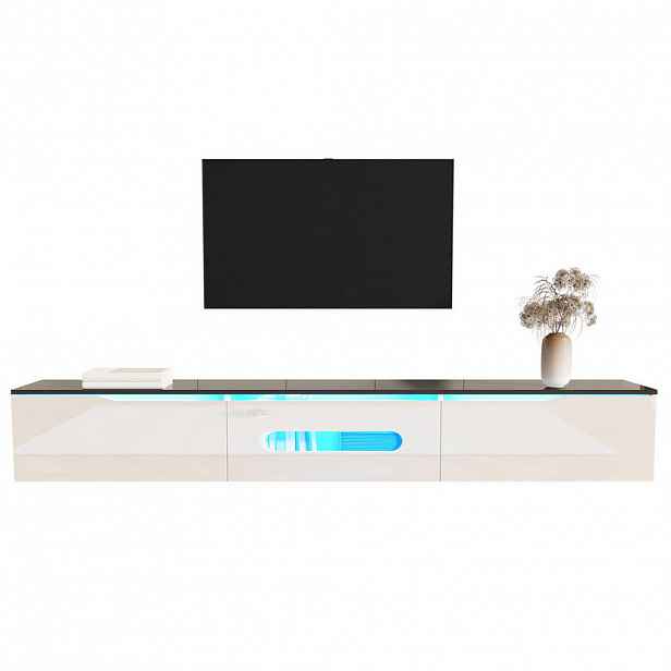 Redom TV stolek 180/35/30 cm s LED osvětlením, montáž na stěnu i na podlahu, úložný prostor, Černá/Bílá