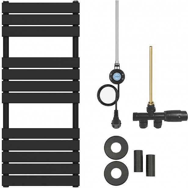 Koupelnový radiátorový set Claude - kombinované vytápění, wifi tyč - boční jednobodové připojení - 600W - černá matná - 1200x500 mm