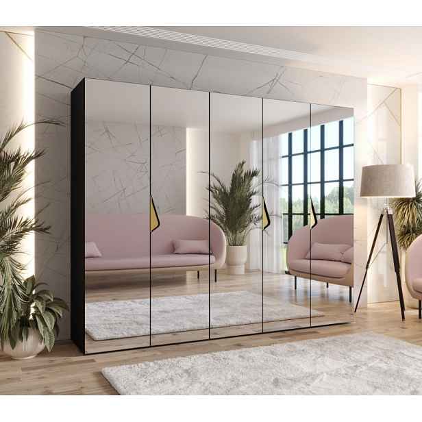 Široká šatní skříň 250 cm AMARIS 3 se zrcadlem - černá / zlaté úchyty