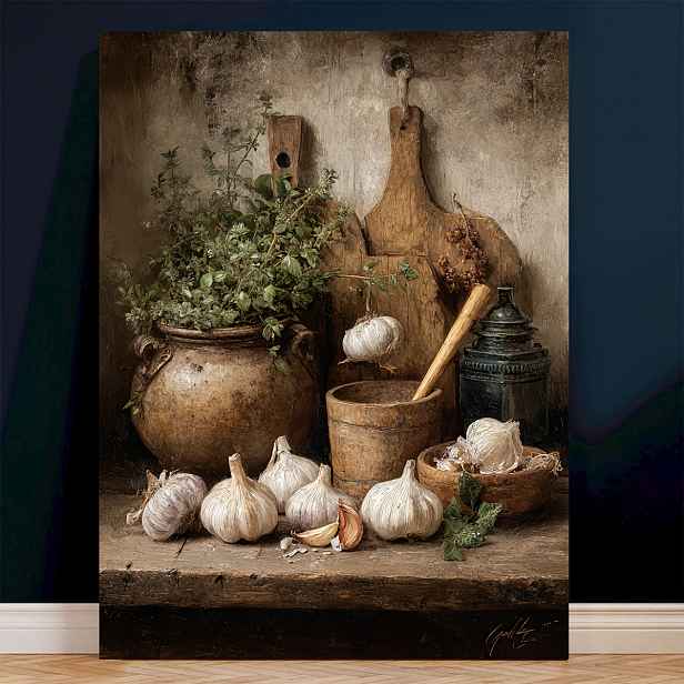 TEMU 2D plochý obraz, 2D plochý obraz, 2D PLOCHÝ 1ks, 30.48X40.64Cm plátno, styl malby, venkovská kuchyně - bylinky a česnek, plátno, dekorace do