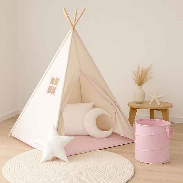 Infantastic 74131 Dětský stan teepee, růžovo/béžový, s příslušenstvím