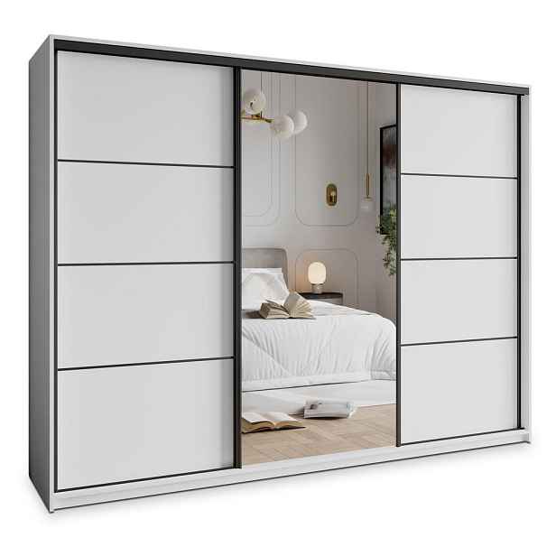 MASSENO ŠATNÍ SKŘÍŇ S POSUVNÝMI DVEŘMI VARO, 250/205/60 cm 3dveřová se zrcadlem a zásuvkami, bílá