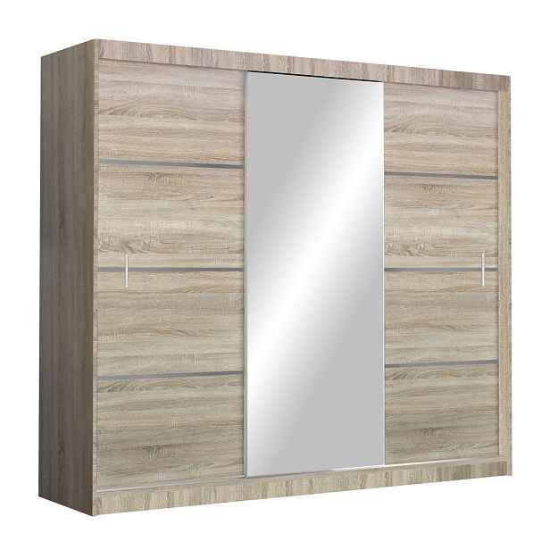 MASSENO ŠATNÍ SKŘÍŇ S POSUVNÝMI DVEŘMI NASUS, 250/215/61 cm 3dveřová se zrcadlem, dub Sonoma