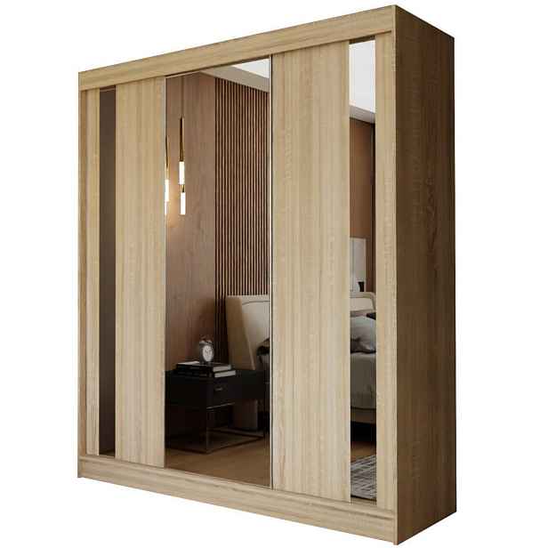 MASSENO ŠATNÍ SKŘÍŇ S POSUVNÝMI DVEŘMI GRAZIA, 180/216/61 cm 3dveřová se zrcadlem, dub Sonoma