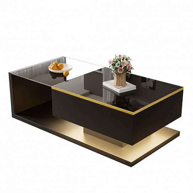 Redom KONFERENČNÍ stolek 100/50/32,5 cm s LED osvětlením, skleněnou deskou a úložným prostorem, Černá