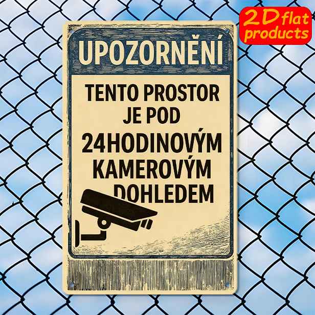 TEMU 2D Plochá, 1 ks, Cedule Bezpečnostní Kamery s Českým Textem „Tato Oblast Je Pod 24hodinovým Dozorem“ - Rustikální Nástěnná Venkovní/Varovná