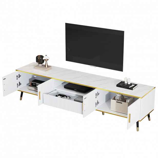 Redom TV stolek 200/40/46 cm s mramorovou deskou, kabelovým vedením a úložným prostorem, Bílá