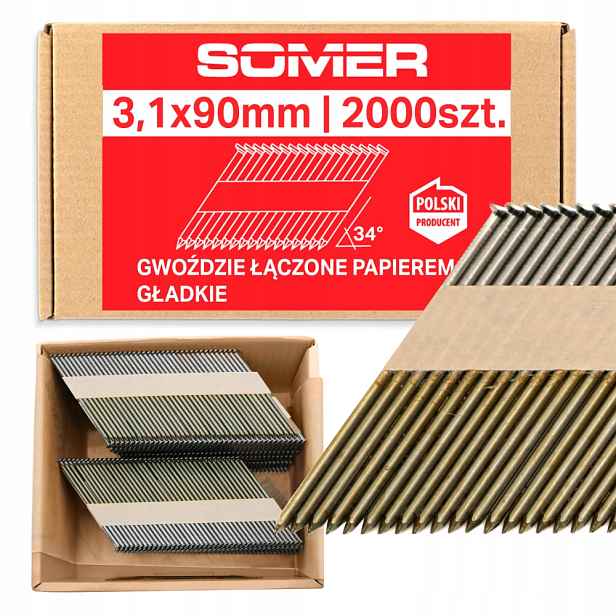3,1 x 90 mm Hřebíky spojené hladkým papírem 2000ks 34° pro Paslode