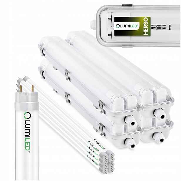 4x Hermetické svítidlo 60 cm Lampa T8 do garáže 8x Led žárovka Tuba 9W