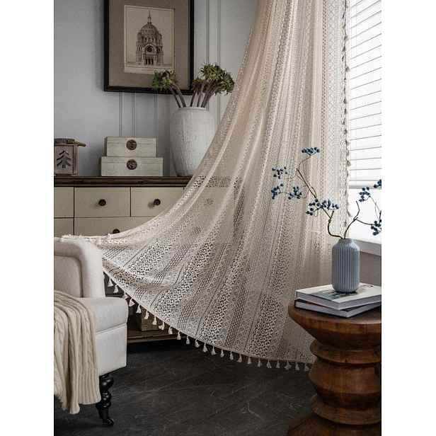Boho vintage krajkové záclony s třásněmi, béžové