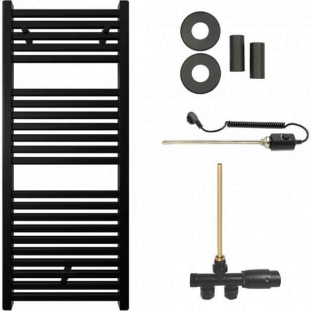 Koupelnový radiátorový set Donovan - kombinované vytápění, termo tyč - boční jednobodové připojení - 300W - černá matná - 1200x500 mm
