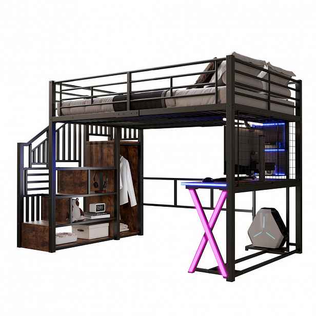 STILVORA HOCHBETT 140/200 cm in Schwarz mit Ablageleiter, Schreibtisch, Kleiderschrank, Regalen und LED