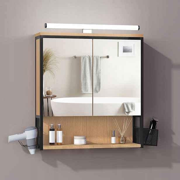 Koupelnová Skříňka Eugad 2 Zrcadla Osvětlení Černý Dub Světlý 56 X 13 X 65