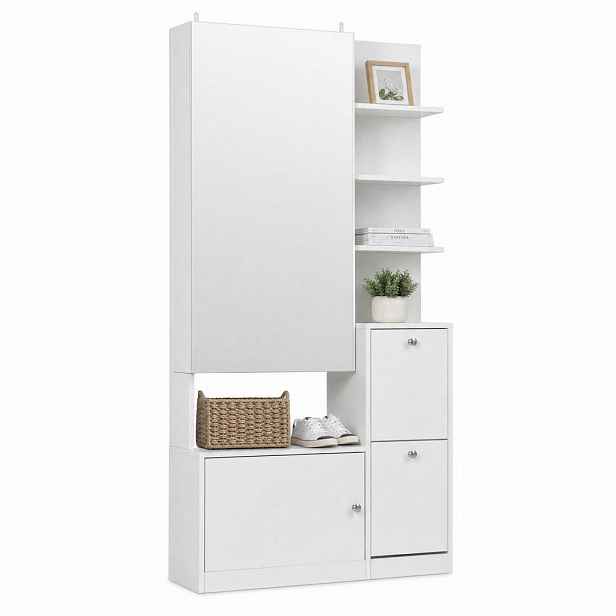 STILVORA GARDEROBNÍ SET bílý se zrcadlem a skříní na boty, věšák do předsíně s 5 policemi, 85 × 40 × 180 cm