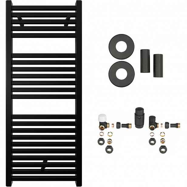 Koupelnový radiátorový set Donovan - ústřední vytápění - boční připojení - 369W - černá matná - 1200x500 mm