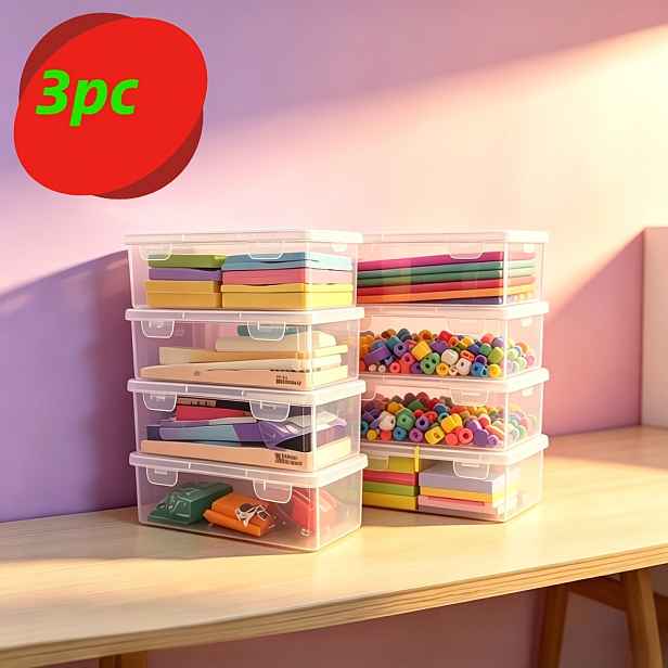 TEMU Sada 6 ks (3 ks nádob a 3 ks víček) Velké průhledné úložné boxy s víčky, Úložné boxy s víčky, Robustní a odolné, Stohovatelné a přenosné.