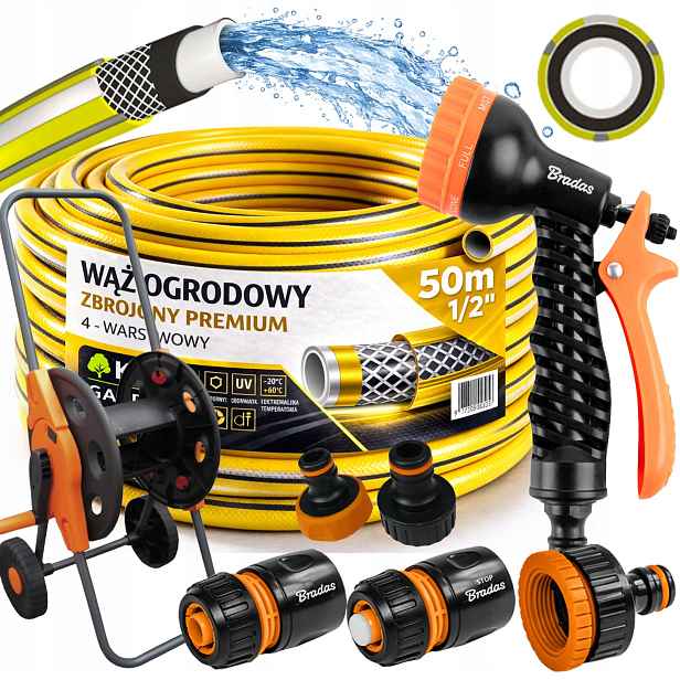 Hadice Gumová 1/2" 50m 4 Vrstvy Premium Pistole Vozík Sada Bradas
