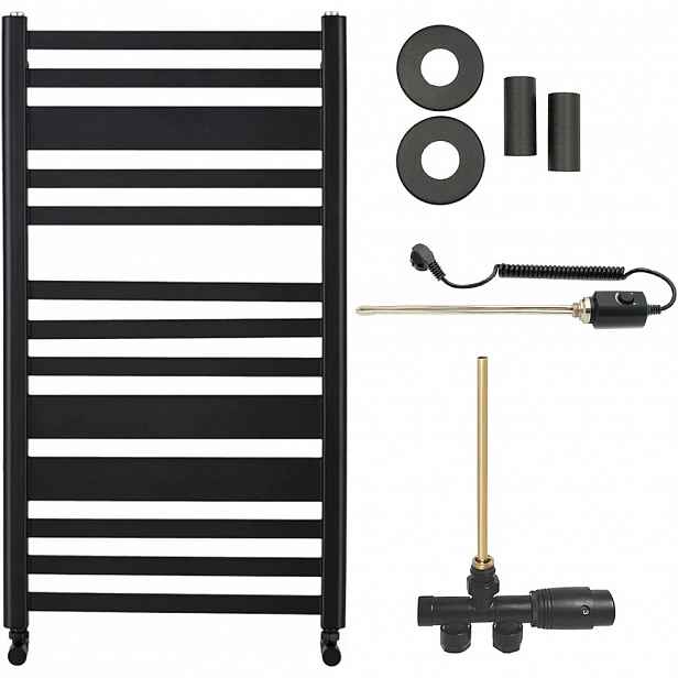 Koupelnový radiátorový set Enrico - kombinované vytápění, termo tyč - boční jednobodové připojení - 300W - černá matná - 970x550 mm