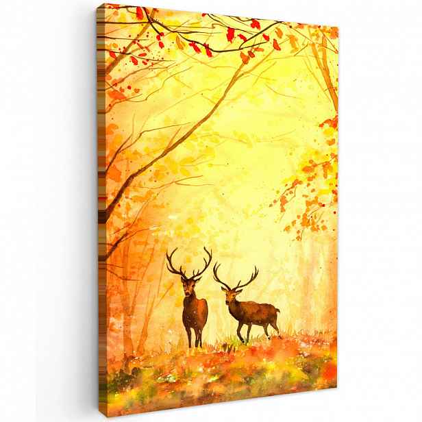 MuchoWow OBRAZ NA PLÁTNĚ Příroda - Olejové barvy - Jelen - Zvířata - Podzim - Oranžová 40x60 cm