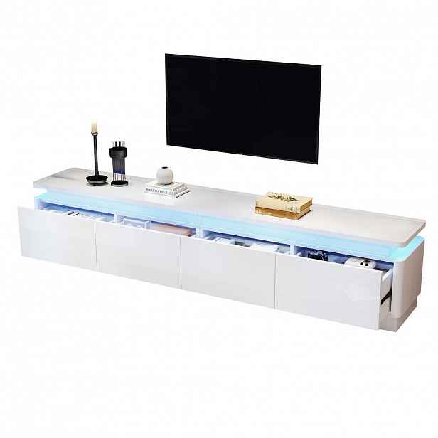 Redom TV stolek 180/34/40 cm s LED osvětlením, 4 zásuvkami a vysokým leskem, Bílá