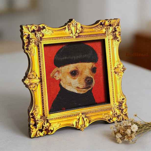 TEMU Dřevěný roztomilý magnet na lednici s chihuahua, mini olejomalba a vintage houbovou hlavou a malým černým golfovým tričkem. Tento dřevěný magnet