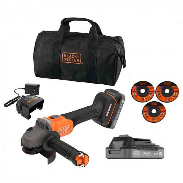 BLACK+DECKER - 18V AKU úhlová bruska 115 mm s příslušenstvím, 2x aku 2,0 Ah Li-Ion, nabíječka BCG6L8D2S-QW