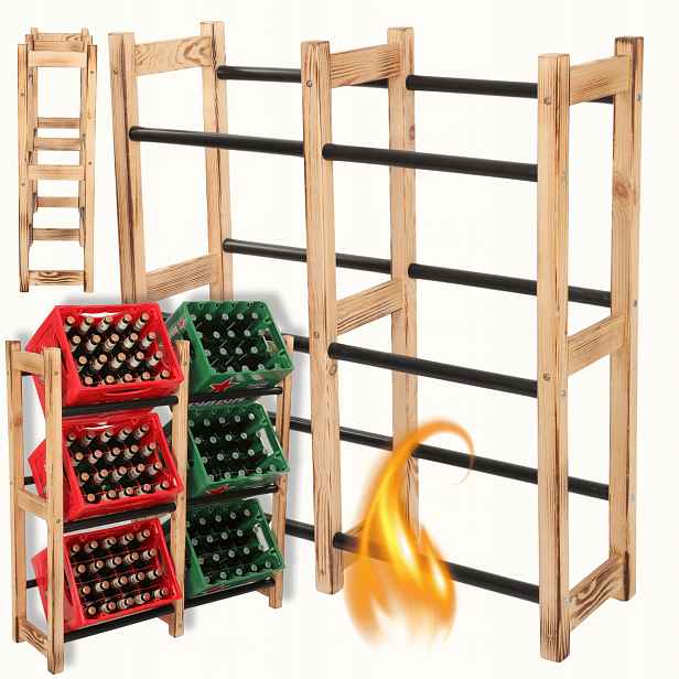 Regál na boxy, stojan na 6 dřevěných boxů na zeleninu, nápoje Trvanlivé