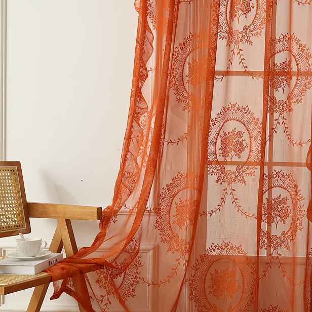 TEMU 1ks Francouzská Venkovská Oranžová Květinová Krajka Záclona - Poloprůhledná, S Kapsou na Tyč, Pratelný Polyester pro Dekoraci Obývacího Pokoje,