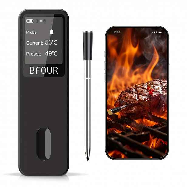 TEMU 1ks BFOUR Bezdrátový teploměr na maso s digitálním displejem & bezdrátový - USB, teploměr řízený aplikací vhodný pro BBQ, gril, troubu, udírnu -
