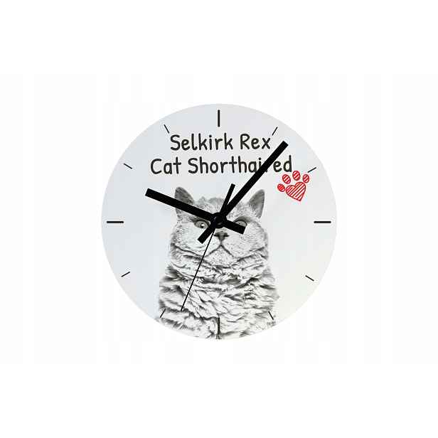 Kočka Selkirk Rex krátkosrstý hodinový stroj s kočkou, závěsný a stojící, personalizace