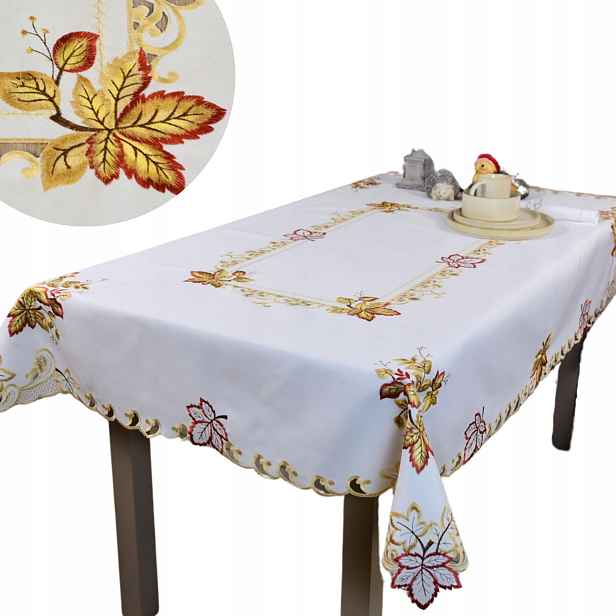 Podzimní vyšívaný ubrus krémový 130 x 180 cm Hnědé Listy na stůl, lavici