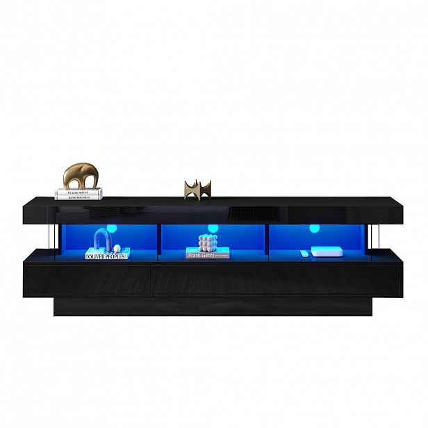 Redom TV stolek 160/38/50,5 cm s LED osvětlením, Bluetooth ovládáním a 3 skleněnými policemi, Černá