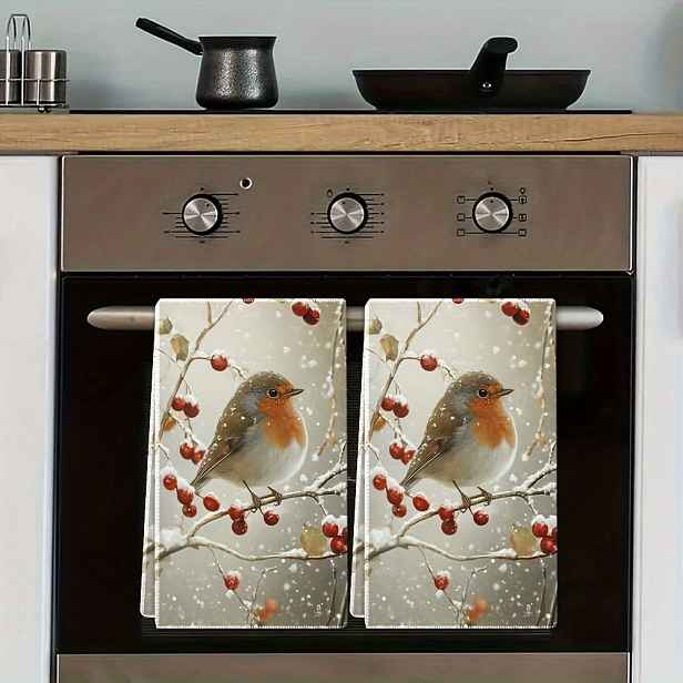 TEMU Retro Vánoční utěrky s červenky - 2 ks, 40x60 cm, polyester, pratelné v pračce, odolné proti vyblednutí, design se zasněženými větvemi a
